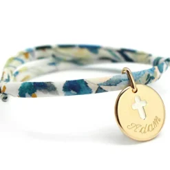 Petits trésors Bracelet cordon liberty médaille Croix ivoire plaqué or (personnalisable)