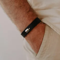 Clearance Bracelet en cuir Noir (argent rhodié) Cadeaux Papa