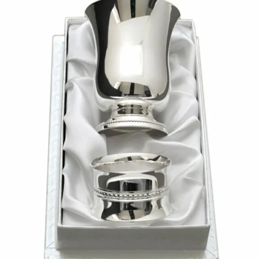 Hot Coffret timbale et rond de serviette Perles personnalisable (métal argenté) Coffret Orfèvrerie