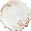 New Lot de 8 assiettes en carton Baptême Pampas, Fleurs de coton et or Assiettes En Carton