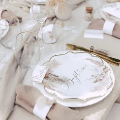 New Lot de 8 assiettes en carton Baptême Pampas, Fleurs de coton et or Assiettes En Carton