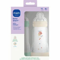 MAM Lot de 2 biberons Easy Start anti-colique Menthe Tétine débit 3 (320ml)