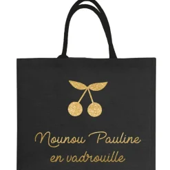 Sac cabas noir pour adulte en toile de jute (personnalisable) Cadeaux Maman