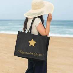 Sac cabas noir pour adulte en toile de jute (personnalisable) Cadeaux Maman